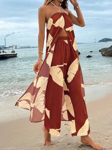 Breezaya Tropical Plant Print Halter Crop Top + Elastic Waist Straight Leg Pants 2 Pieces Set, Spring/Summer, Beach Skirt Set, Beach Two Piece Set, Vacation Outfits Woman 2 Piece, Brown Two Piece Set Women, Summer Two Piece Sets,Outdoor Clothing, Spring And Summer Clothing, Spring And Summer Vacation Sets - Brown - View 3