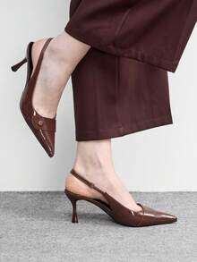 CUCCOO BIZCHIC Women Shoes Four Seasons New Brown Metal Buckle Pointed Toe Thin High Heel Low Vamp Commuter Elegant Fashion Women's High Heel Shoes Back Lift After Slingback Shoes Dew Heel Dinner Party Elegant Office Workers Holiday Wear Women's Shoes - Coffee Brown - View 3