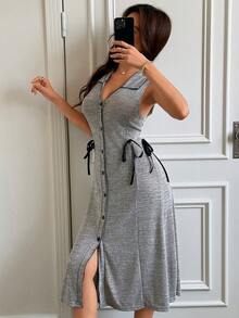Lazeform Grey Lapel Single-Breasted Sleeveless Bow Tie Decor Women's Housedress - Grey - View 1