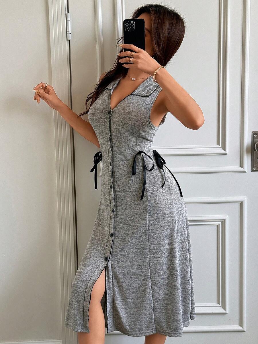 Lazeform Grey Lapel Single-Breasted Sleeveless Bow Tie Decor Women's Housedress - Grey - View 1