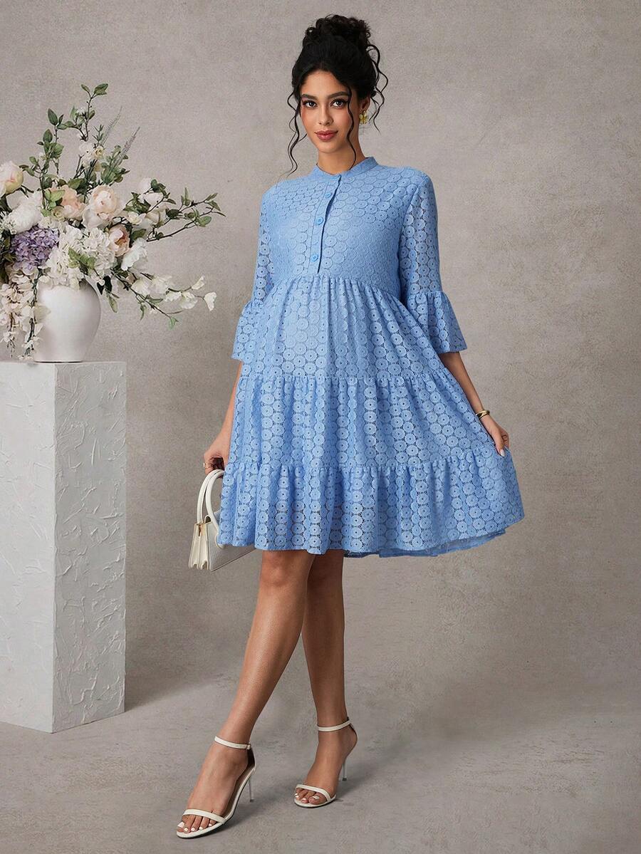 Momance Elegant Loose Fit Maternity Dress With 3/4 Ruffle Sleeves And V-Neck - Blue - View 1