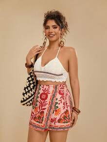 Travachic Quần short đi biển phong cách Bohemian cỡ lớn, thoải mái, có dây buộc và viền bèo nhún dành cho nữ. - Màu Hồng  San hô - Xem 4