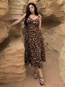 DAZY Women's Elegant Leopard Print Sleeveless Mid-Length Dress, Summer,Wedding Guest Dress Women Sundress - Coffee Brown - View 4