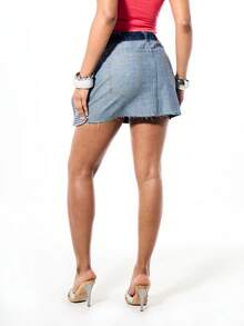 SUMWON WOMEN Women's High Rise Patchwork Denim Mini Skirt With Gingham Check Contrast Panels And Raw Edge Hem Detail - Blue - View 2