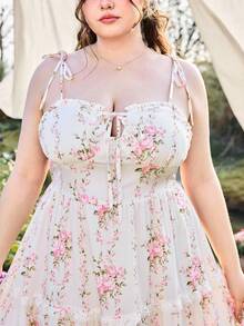 Sweetness Spring / Summer Valentine's Day Spring / Summer Plus Size Women Floral Print Tie Front Lace Trim Cami Dress, Vacation - Multicolor - View 6