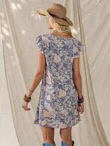 Wildy Blue Floral Summer Boho Vacation Holiday Women's Vintage Pattern Print Mini Dress,Casual Western Country Cowgirl Coachella Music Festival Outfits - Multicolor - View 2