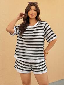 Elaquor Completo estivo casual da donna taglie forti con top a righe e pantaloncini, set 2 pezzi, outfit corto per vacanze - Bianco e nero - Visualizzare 5