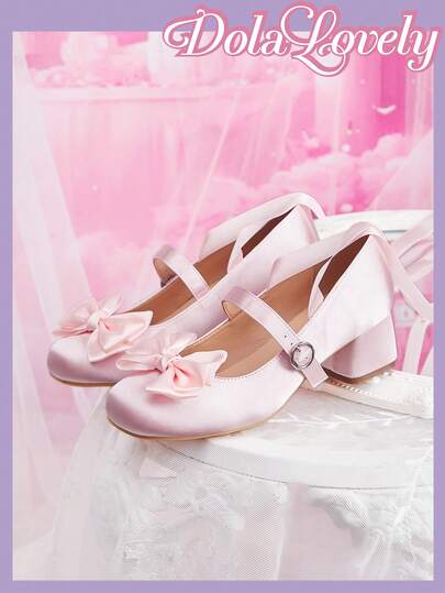 Dola Lovely Lolita Style Satin Ankle Strap High Heel Pumps, Square Toe Bow Decor Mary Jane Shoes, Soft Girl Princess Outfit Fairycore