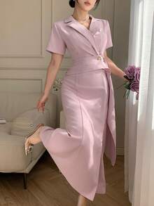 DAZY 女士优雅纯色褶裥系腰中长连衣裙，配西装领，春夏吊带裙 - 粉色 - 查看 1