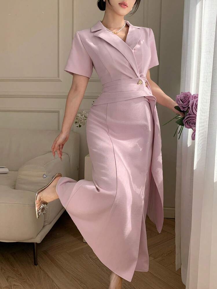 Women's Elegant Solid Color Pleated Tie Waist Midi Dress With Blazer Collar, Spring/Summer Sundress