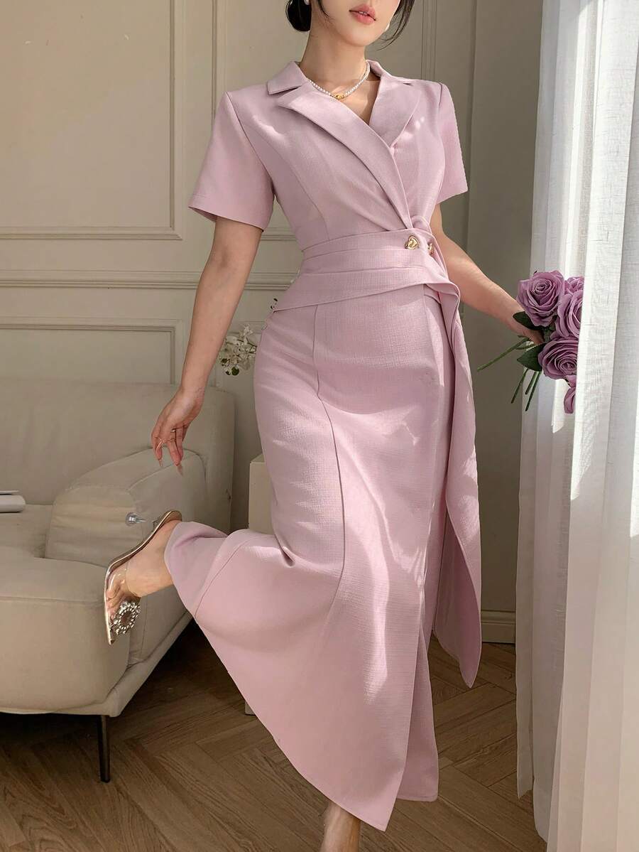 DAZY 女士优雅纯色褶裥系腰中长连衣裙，配西装领，春夏吊带裙 - 粉色 - 查看 1