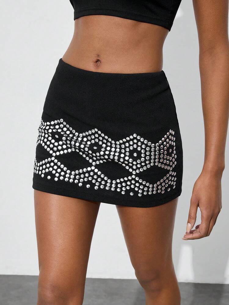 SHEIN Maija Women's Black And Silver Rivet Detail Bodycon Mini Skirt,Hot Night Party Disco 70's Style,Metallic Geometric Patterns,Autumn Spring Graduation Outfit