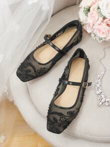 CUCCOO HITCHD Women's Fashion Floral Beaded Decor Buckle Design Loafers Wedding Shoes Spring Shoes Bride Shoes - Black - View 12