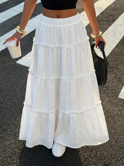 Muchica Summer Holiday Outfits Casual Vacation Chiffon Princess Dress With Ruffles And Multiple Pleats, Multi-Tiered Cake Skirt, Perfect For Summer Vacations, Cute And Girly Style Dress.Beach Outfits For Women