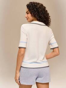 Hanevo Nueva camiseta de manga corta con cuello de camisa, de estilo casual, elegante y minimalista para uso en resort, playa y fiestas, para mujer, primavera/verano - Multicolor - Ver 2