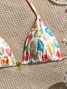 Swim Mod Random Gold Shell Print Halter Neck Triangle Cup Sexy Swimwear Top For Summer Vacation - Multicolor - View 5
