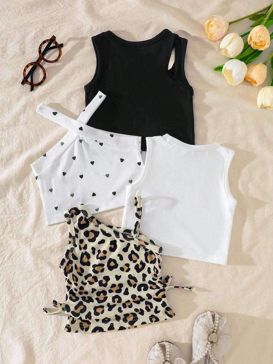 SHEIN 4pcs Baby Girl Summer Y2K Leopard Print Polka Dot Heart Pattern Tank Top Sleeveless Slim Fit Squishy Soft Texture Cami Shirts Outerwear Multi-Pack For Vacation Beach Party - Multicolor - View 1