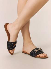 Styleloop Stylish Woven Sandals With Flat Bottom, Comfortable Muller Sandals, Holiday Style Sandals, Flat Sandals, Beach Sandals - Black - View 6