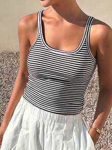 DAZY Top ajustado de tirantes con cuello cuadrado y estampado de rayas para mujer, ideal para el verano - Negro - Ver 2