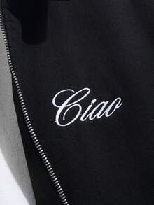 GENIUS ODE Casual & Commute Washed Black Loose Denim Jacket With Embroidered Letter, Spring/Summer - Black - View 6
