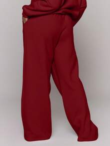 MUSERA 加大码直筒贴片Logo运动裤，秋季休闲日常基础款，舒适情人节款 - 酒紅色 - 查看 4