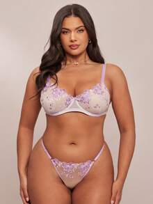 SHEIN BAE 2 件大码女士海军蓝内衣套装，提拉 - 紫色 - 查看 4