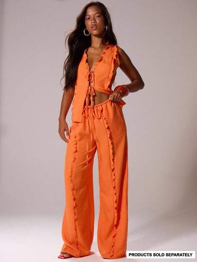 MUSERA Drawstring Waist Linen Look Frill Trim Wide Leg Casual Trousers Ibiza Sexy Vacation Holiday Summer Festival Beachwear Romantic Elegant Birthday Wedding Guest Airport Party Fall Spring Carnival Wedding Party