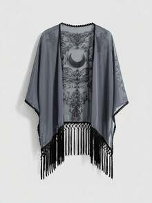 ROMWE EDITION Áo khoác cardigan/khăn choàng nữ họa tiết dây leo và trăng khuyết phong cách lãng mạn Gothic cổ điển Baroque, chất liệu nhung mềm mại, chất liệu Bohemian, viền tua rua bất đối xứng, thích hợp cho mùa xuân/hè. - Xám - Xem 4