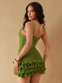 Silquee Vestido camisola casual de unicolor con volantes y diseño hueco como cubierta - Verde - Ver 2