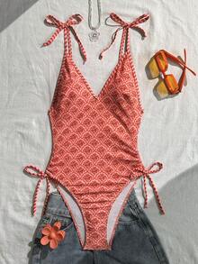 Swim Mod 女士夏季度假沙滩印花侧抽绳吊带连体泳衣 - 彩色 - 查看 2
