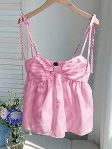 Comfortcana 女士粉色褶皱条纹休闲度假吊带背心，夏季必备 - 粉色 - 查看 7
