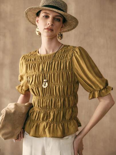 Arave Women's Solid Color Round Neck Pleated Linen Blouse