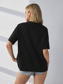 HautHeat 女士字母印花短袖家居服上衣 - 黑色 - 查看 2