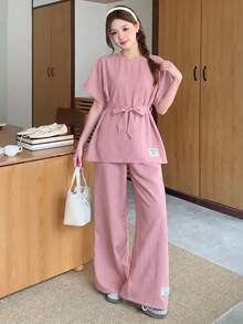 SHEIN 少女编织纹理宽松落肩系带字母印花衬衫和阔腿裤两件套，适合春夏、春季郊游、休闲外出、街头穿搭、春夏度假、返校季、节日、家庭户外春季野餐、日常穿着。 - 粉色 - 查看 9