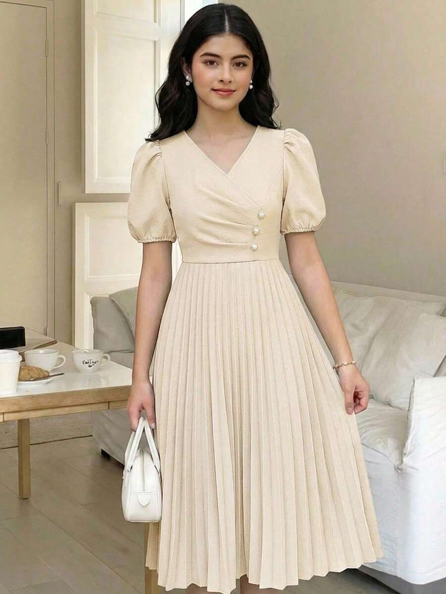 SHEIN 少女春夏连衣裙,新年,情人节 - Clean Girl/奢华杏色优雅短袖长珍珠纽扣装饰A字连衣裙,公主裙,婚礼季复古//沙滩/海洋/优雅连衣裙 - 杏色 - 查看 1