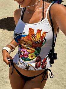 Swim Mod 夏季新款热带花卉印花高开衩侧系带可爱沙滩度假女式背心泳衣套装 - 彩色 - 查看 1