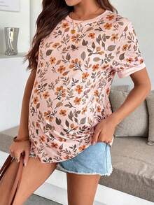 SHEIN Áo thun ngắn tay cổ tròn in hoa toàn thân dành cho bà bầu, kiểu dáng thường ngày, đa năng. - Hồng - Xem 4