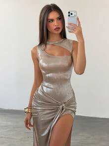 Bluhae 女士时尚性感镂空高开衩连衣裙 - 銀色 - 查看 4