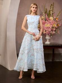 MOTF Soiréza WOMEN'S NEW BLUE ROUND NECK WOVEN TEXTURED SLEEVELESS ELEGANT REFRESHING FORMAL DRESS, HIGH-END EVENING GOWN - Blue - View 5