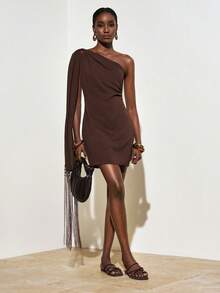 Zivah Đầm ngắn dáng chữ A, chất liệu vải lanh pha, kiểu dáng mới mùa hè, lệch vai, thắt nơ tua rua. - màu nâu - Xem 6