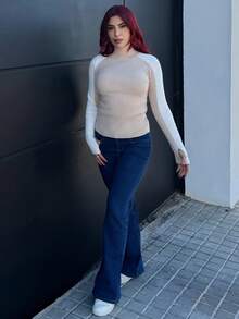 Bearsaez Autumn Winter Casual Colorblock Stand Collar Minimalist Knit Sweater,Long Sleeve Tops Knit Pullover Fall Outfit - Khaki - View 5