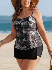 Swim Lushoire 新款夏季度假优雅植物印花黑色加大码女士吊带背心式泳衣套装 - 黑色 - 查看 1