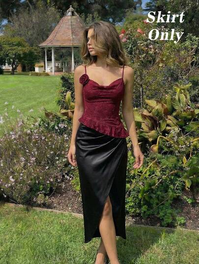 SHEIN MOD Women's Fashion Asymmetric Hem Satin Skirt,Satin Skirt,Slit Skirt,Elegant Skirt,Weddings & Events, Going Out,Party Outfits,Carnival Costume,Graduation Skirt, Luxury Evening Outfits, Black Skirt,Wedding Guest Outfit,Going Out