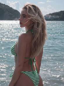 Turnttoni Bộ đồ bơi bikini gợi cảm kẻ sọc buộc dây đi biển mùa hè cho nữ - màu xanh lá - Xem 2