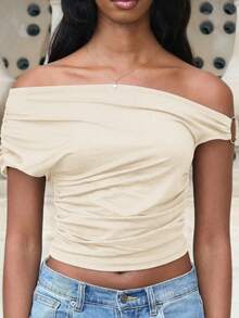 Mima John Blusa asimétrica de hombro oblicuo para mujeres de unicolor con fruncido, ideal para el verano - Albaricoque - Ver 4