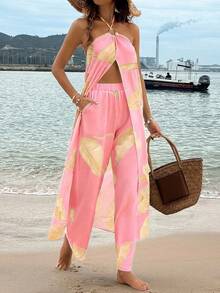 Breezaya Tropical Plant Print Halter Crop Top + Elastic Waist Straight Leg Pants 2 Pieces Set, Spring/Summer - Pink - View 5