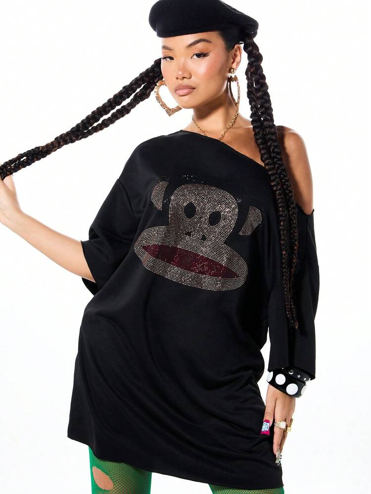 SUMWON Robe t-shirt mini avec épaules dénudées, ornée de strass, manches chauve-souris et coupe décontractée, pour porter en soirée décontractée