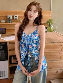 K-Vae 女士夏季印花吊带背心，系带设计，不对称下摆，修身版型 - 彩色 - 查看 7