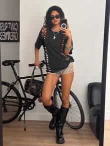 Muchica Y2k T-Shirt  Round Neck Distressed Fashionable Versatile Short Sleeve - Black - View 1