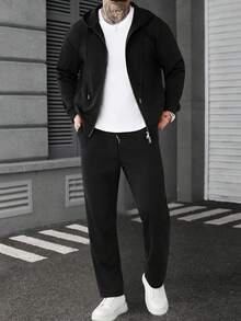 Manfinity CasualCool 男士连帽抽绳拉链黑色休闲外套套装 - 黑色 - 查看 5